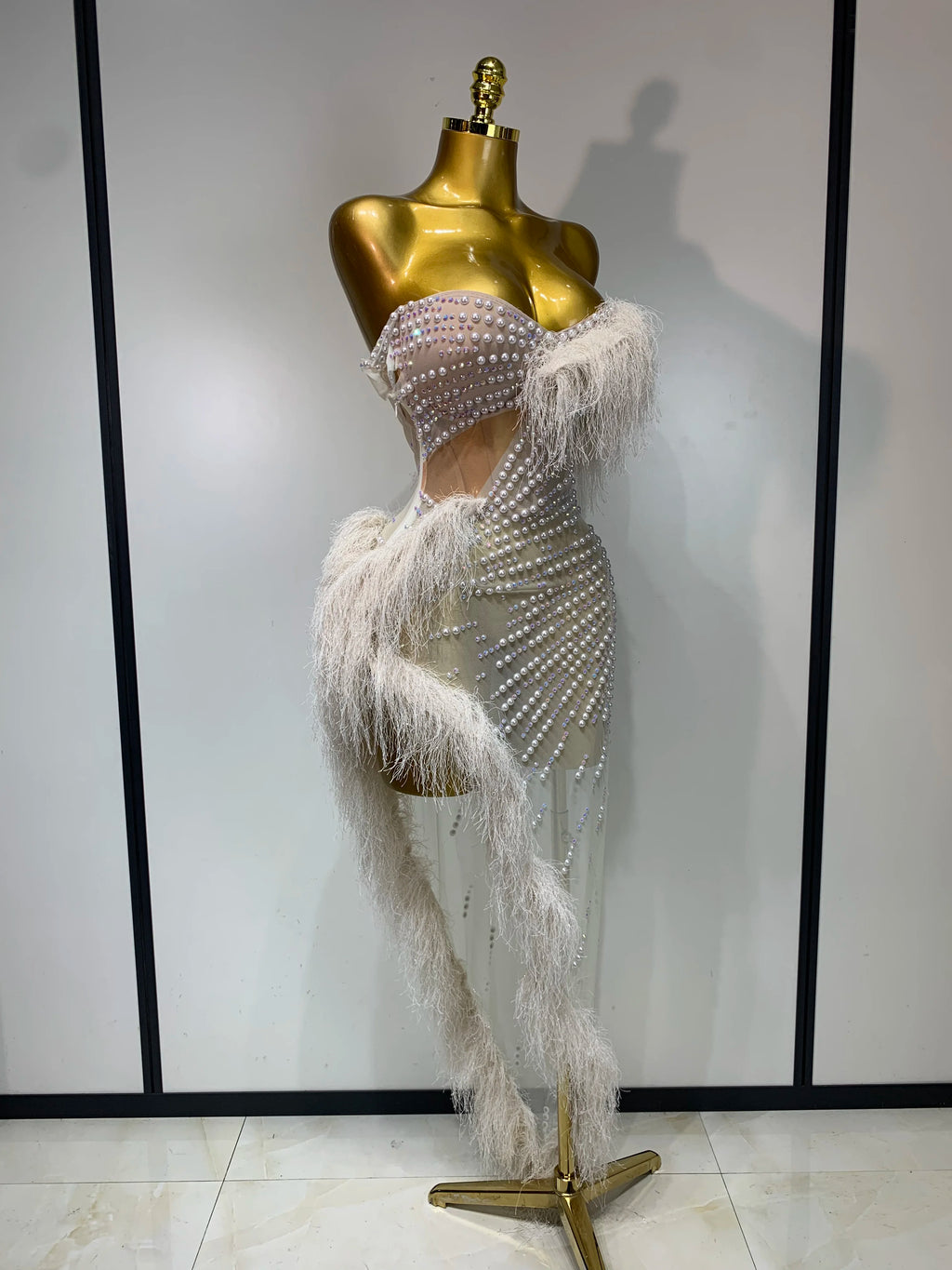 Pearl Off The Shoulder Mesh Dress