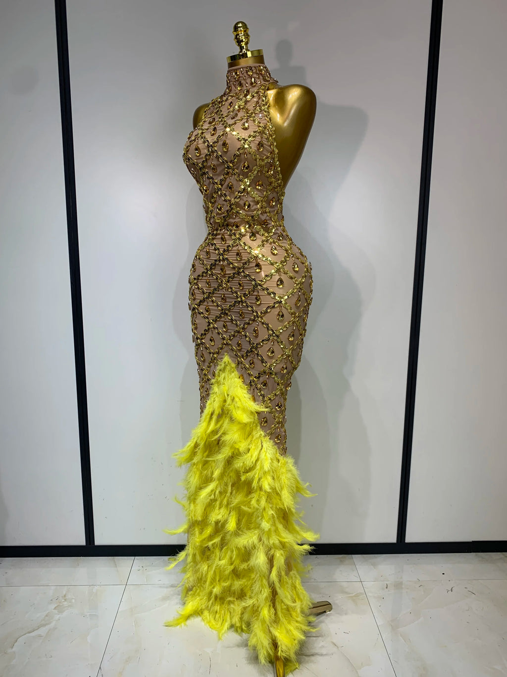Sparkly Rhinestones Feather Sexy Mesh Long Dress