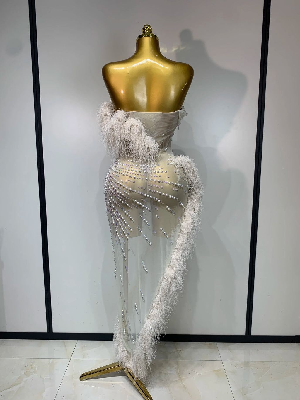 Pearl Off The Shoulder Mesh Dress