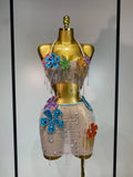 Flower Rhinestone Pearl Top & Mini Skirt Two Piece Set