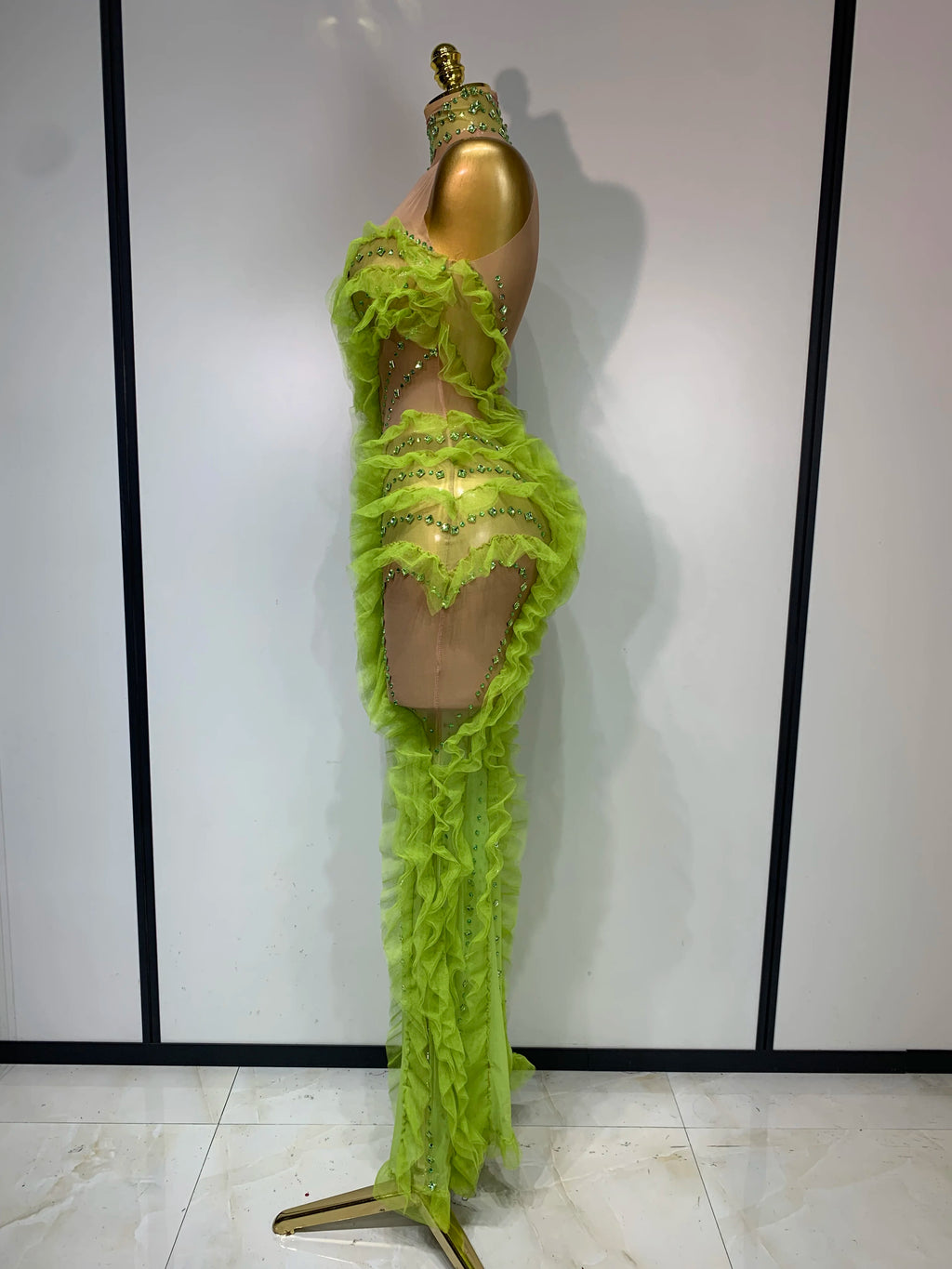 Sparkly Green Rhinestones Mesh Dress