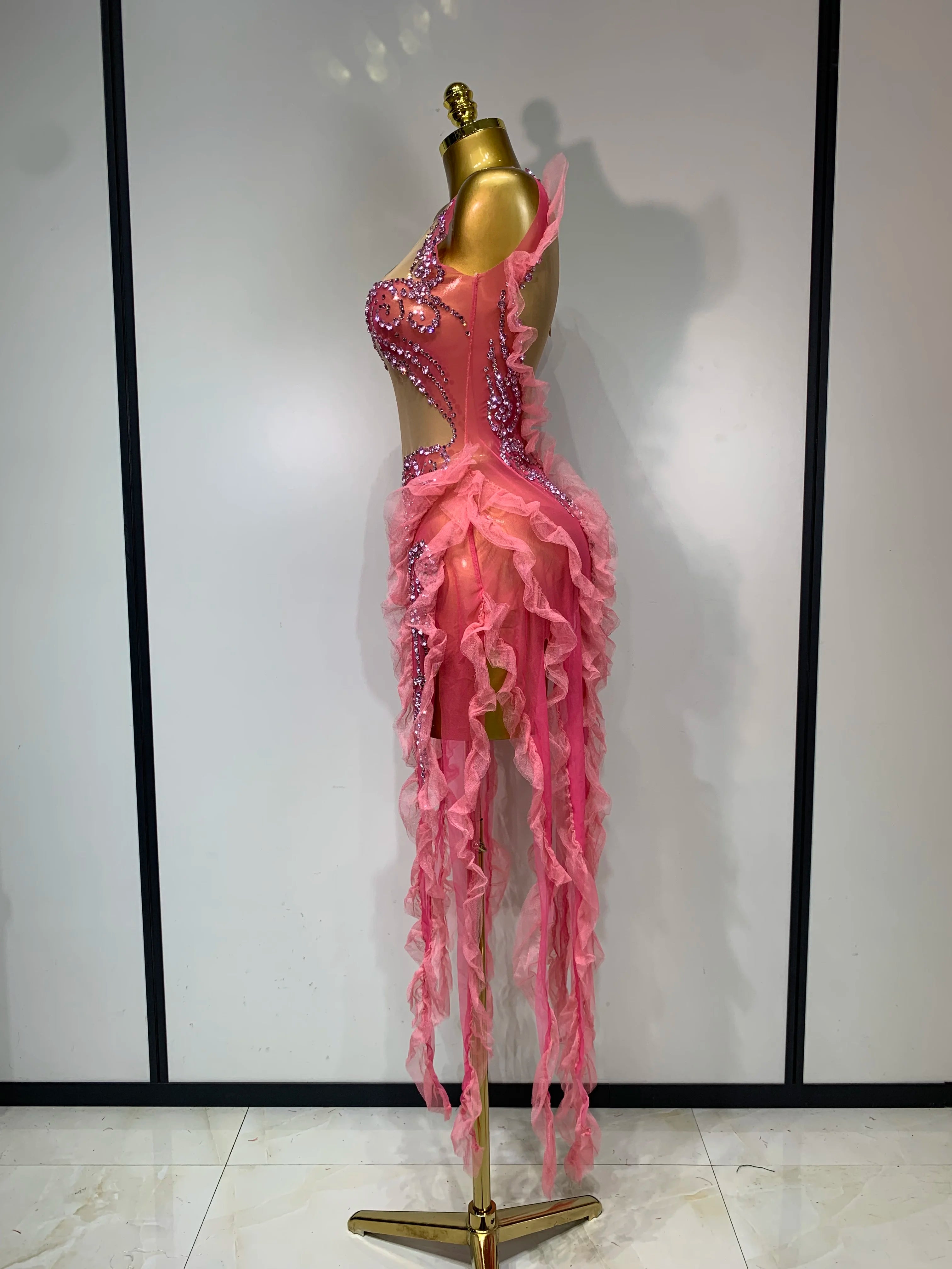 Pink Rhinestone Mesh Dress