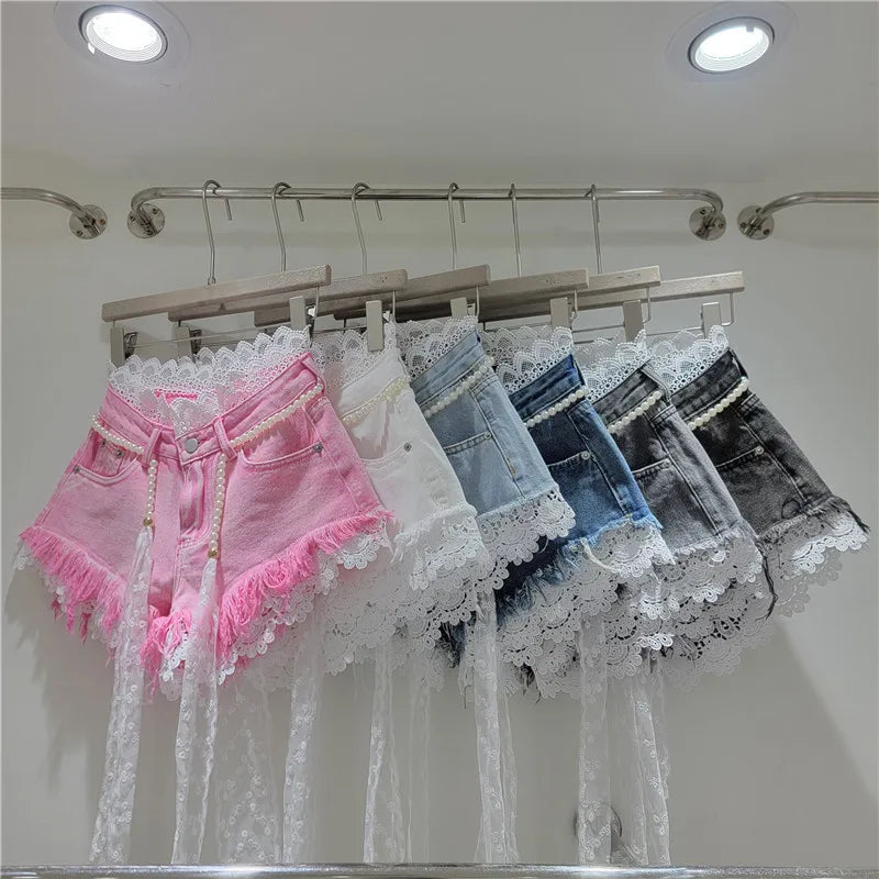 Lace Trim Denim Shorts + Pearl Belt