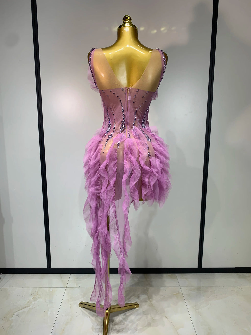 Purple Rhinestone Mini Mesh Dress
