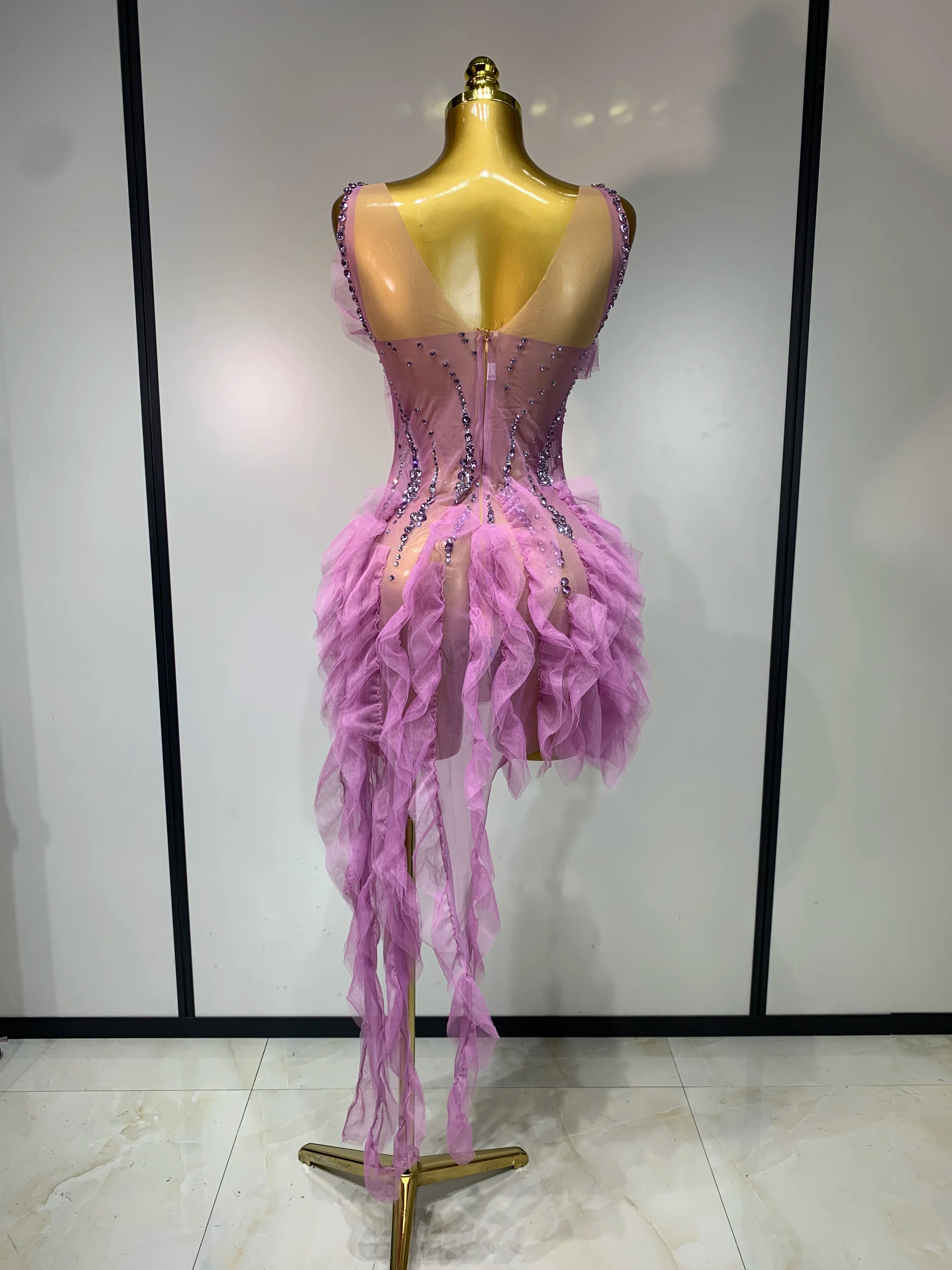 Purple Rhinestone Mini Mesh Dress