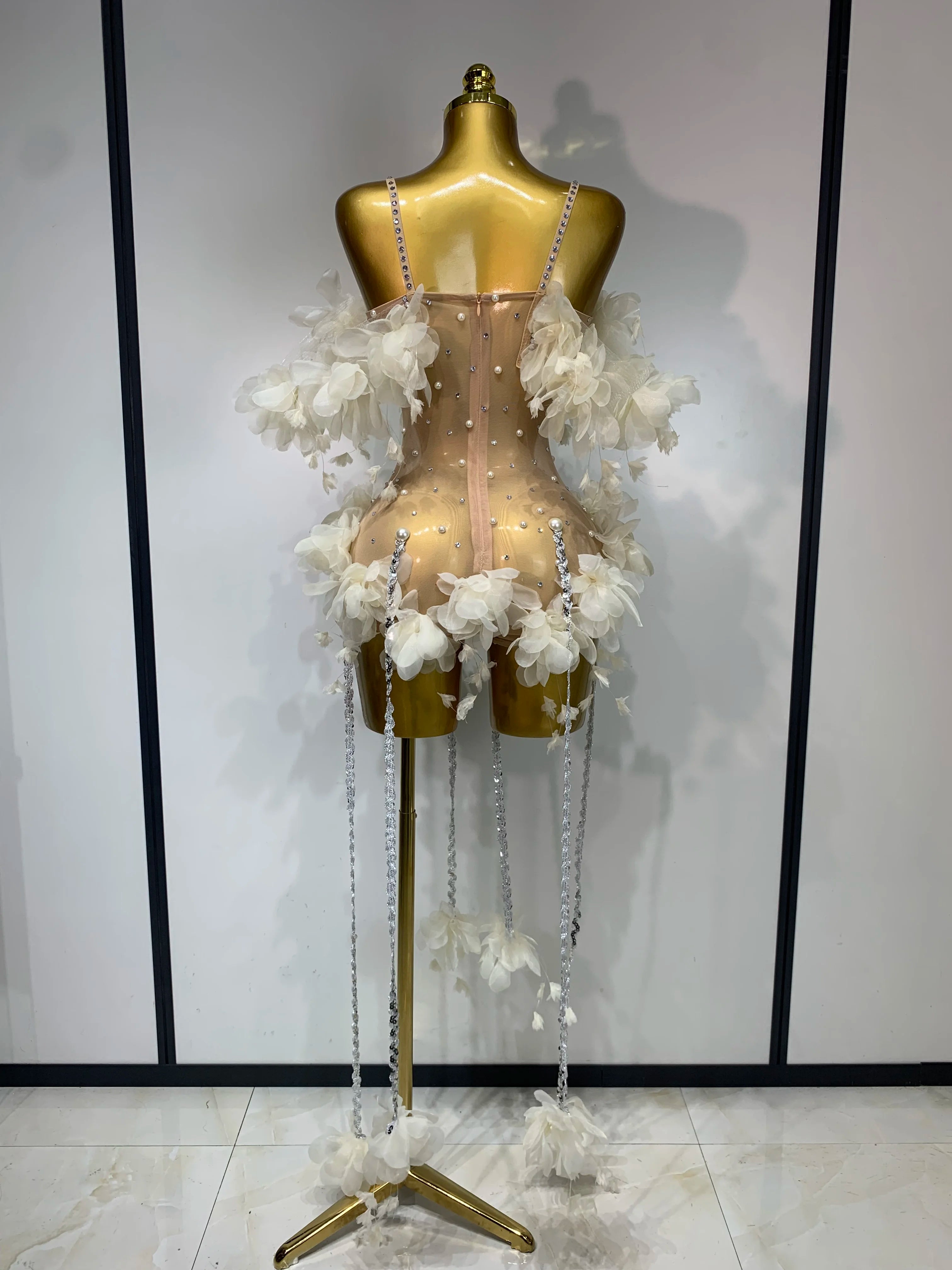 Sparkly Rhinestones Fringe Flower Bodycon Bodysuits