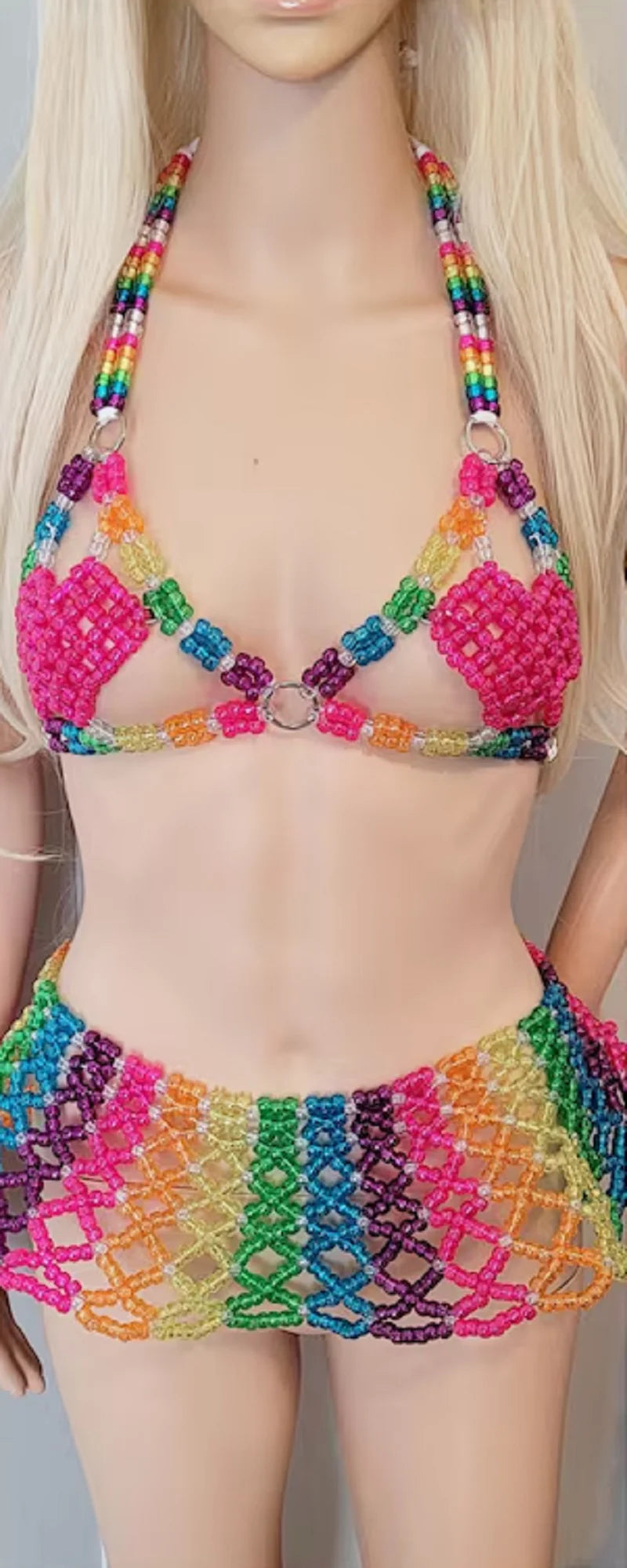 Rainbow Candy Heart Beaded Top & Skirt Set