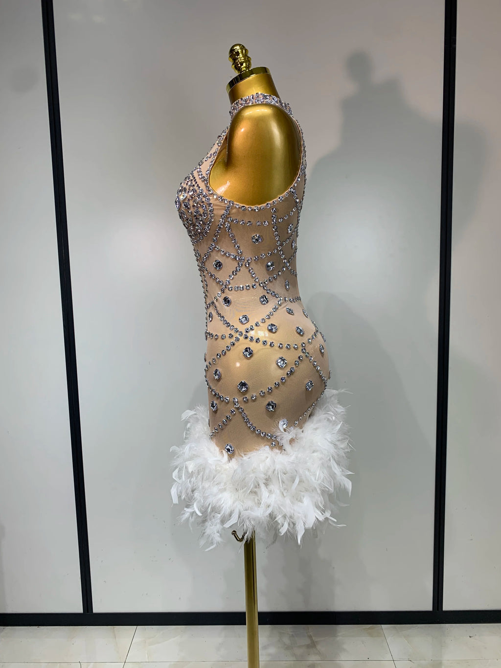 Luxury Diamonds Feather Mesh Mini Dress