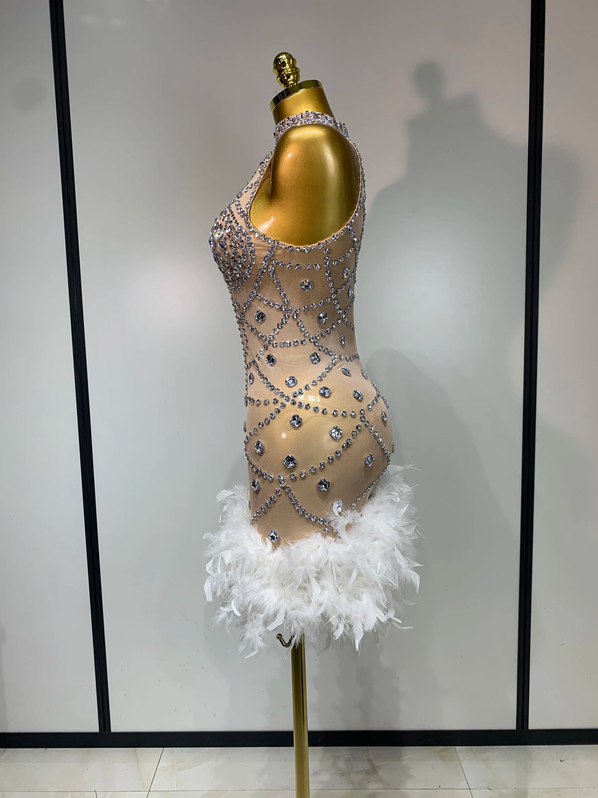 Luxury Diamonds Feather Mesh Mini Dress