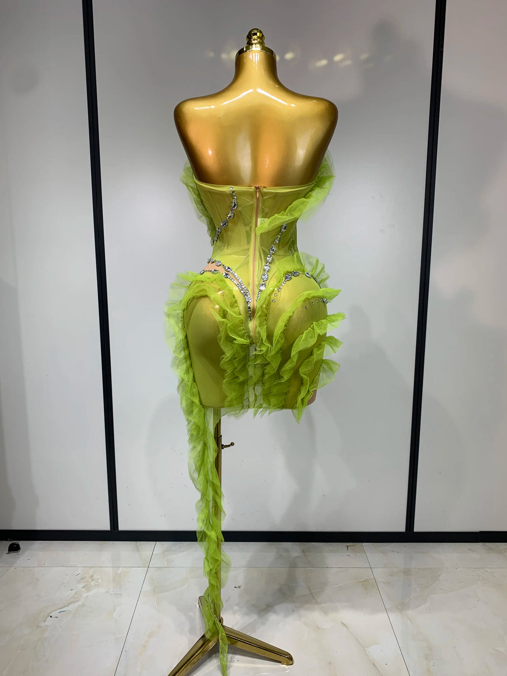 Luxury Sparkly Green Rhinestones Mesh Mini Dress