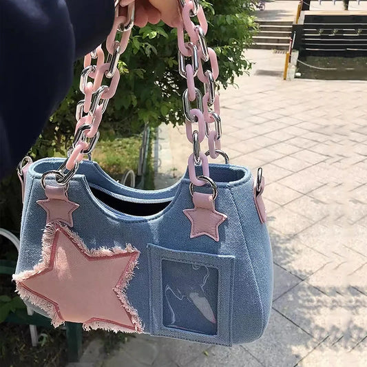 Denim Y2K Pink Star Bag