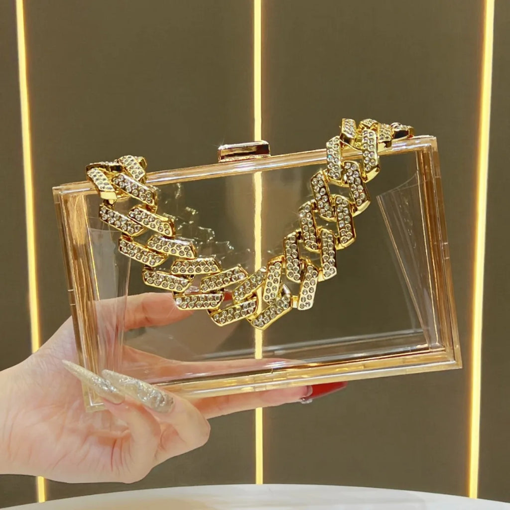 Luxury Diamond Chain Clear Box Clutch