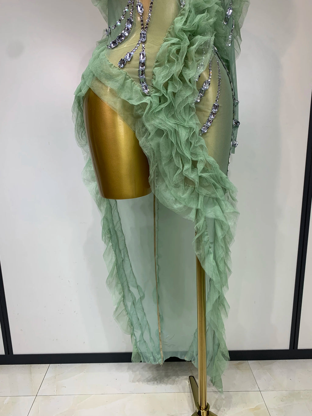 Sparkly Rhinestones Ruffle High Split Dress