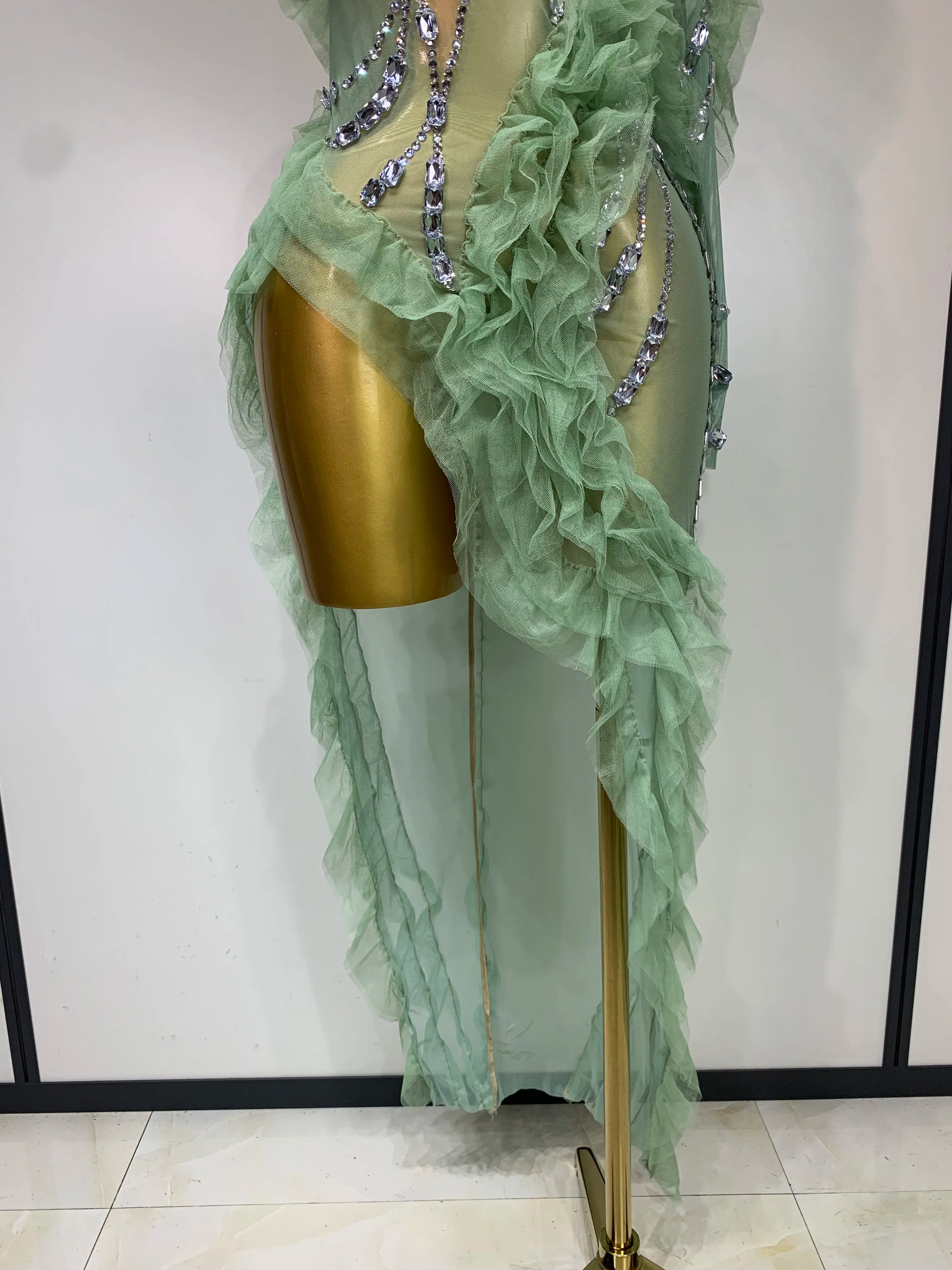 Sparkly Rhinestones Ruffle High Split Dress