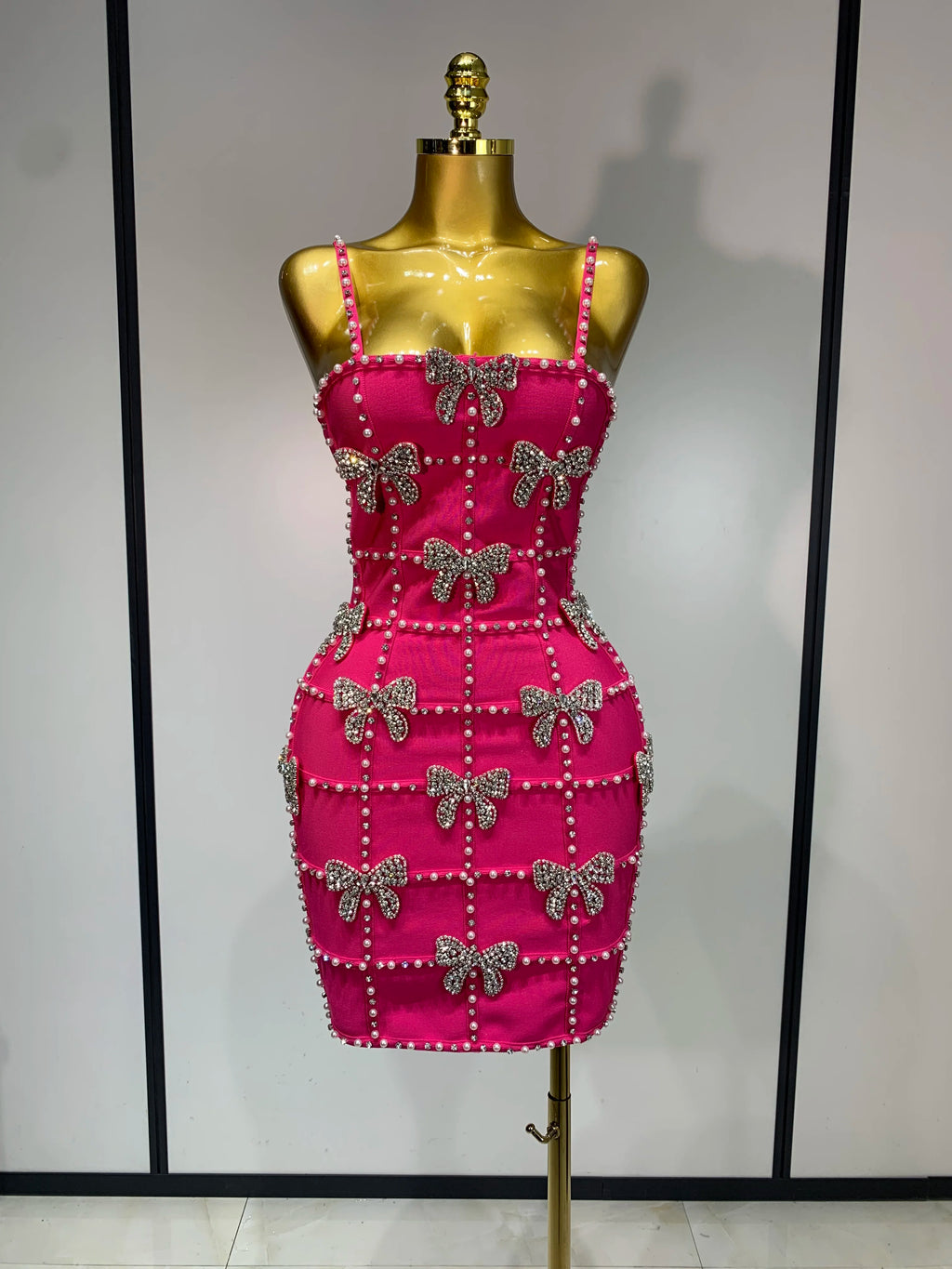 Pink Pearl Bow Rhinestone Dress