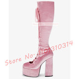 Pink Velvet Lace Up Boots