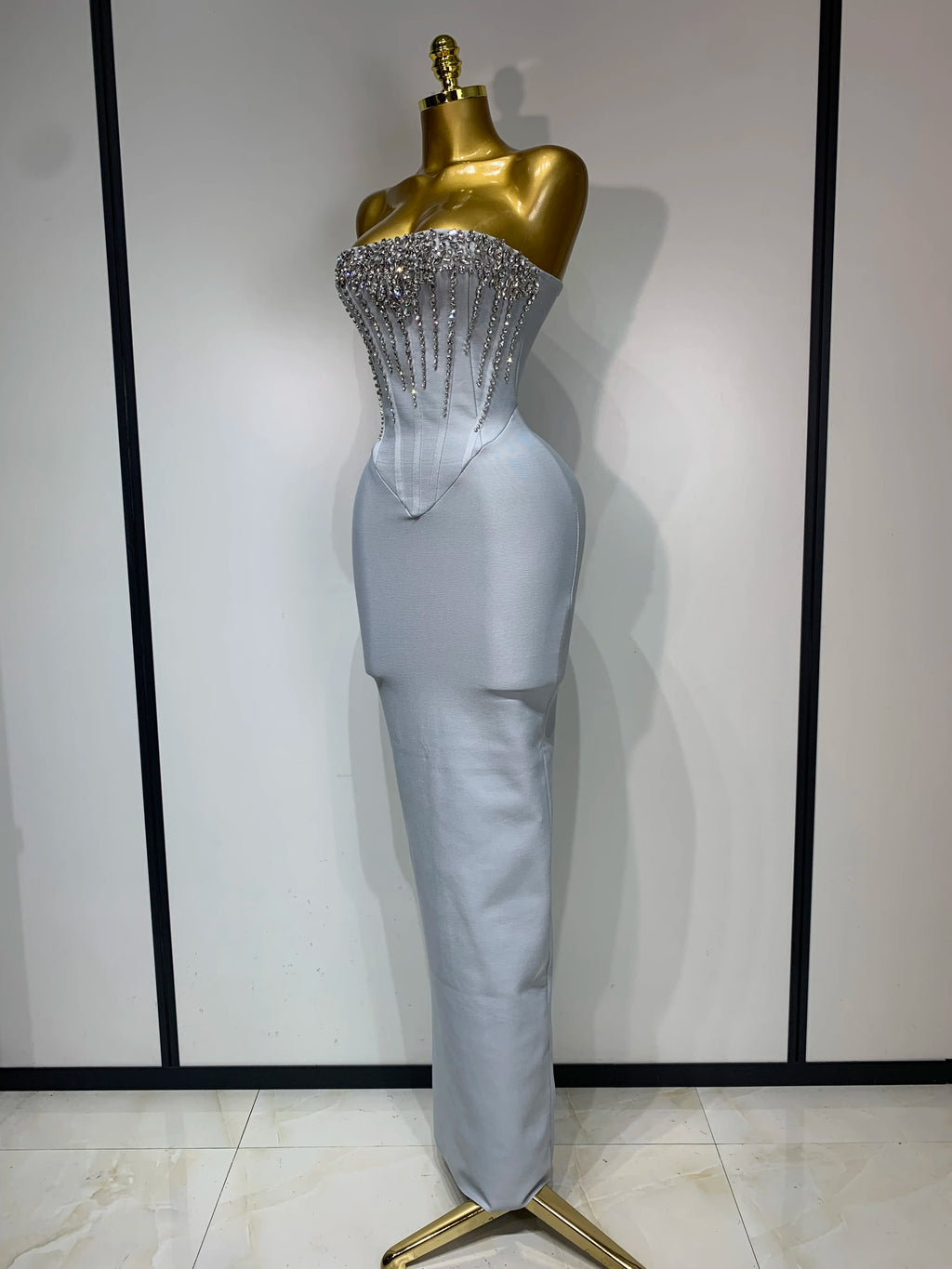 Gray Silver Rhinestone Tube Corset Dress