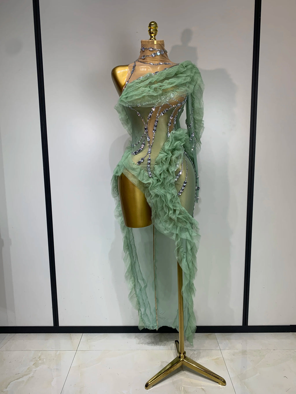 Sparkly Rhinestones Ruffle High Split Dress