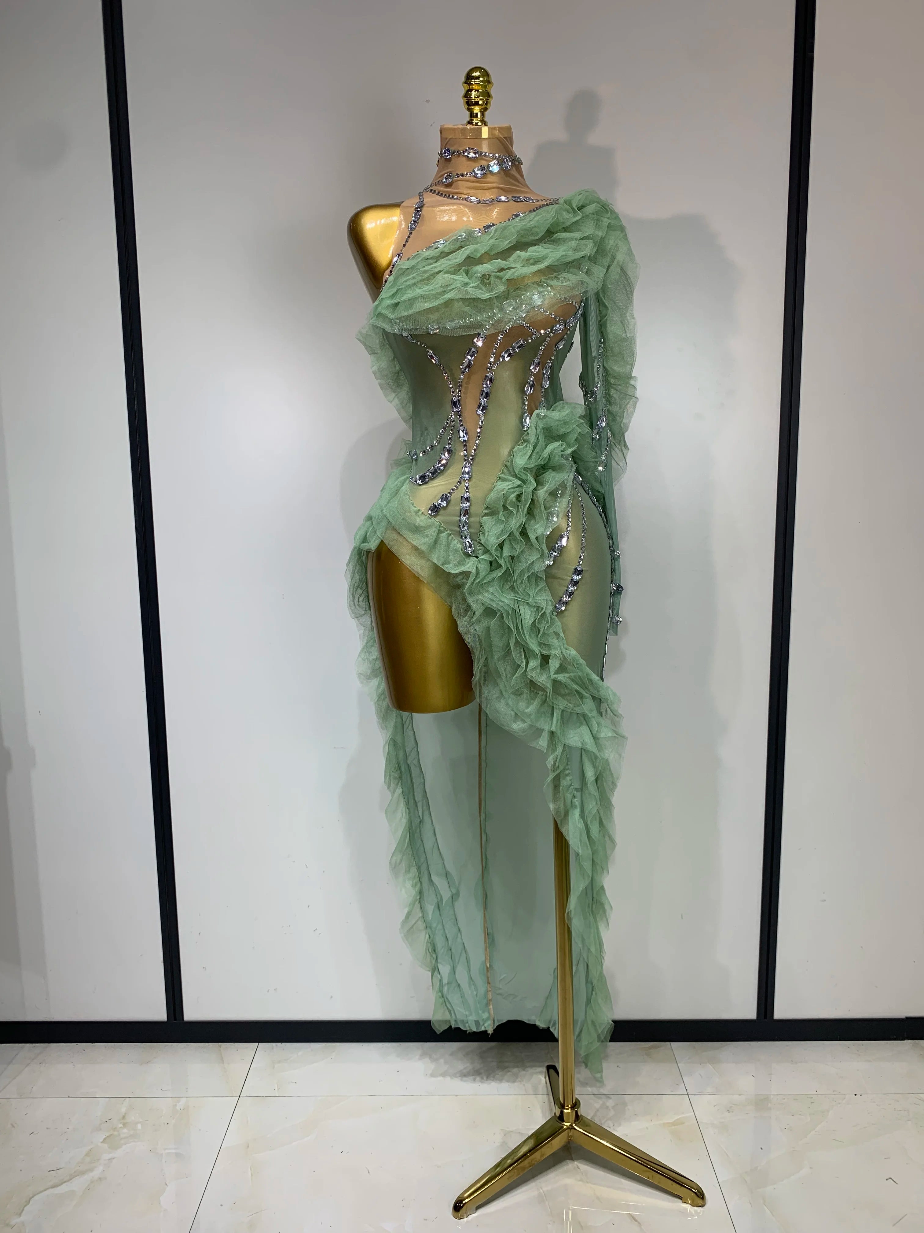 Sparkly Rhinestones Ruffle High Split Dress