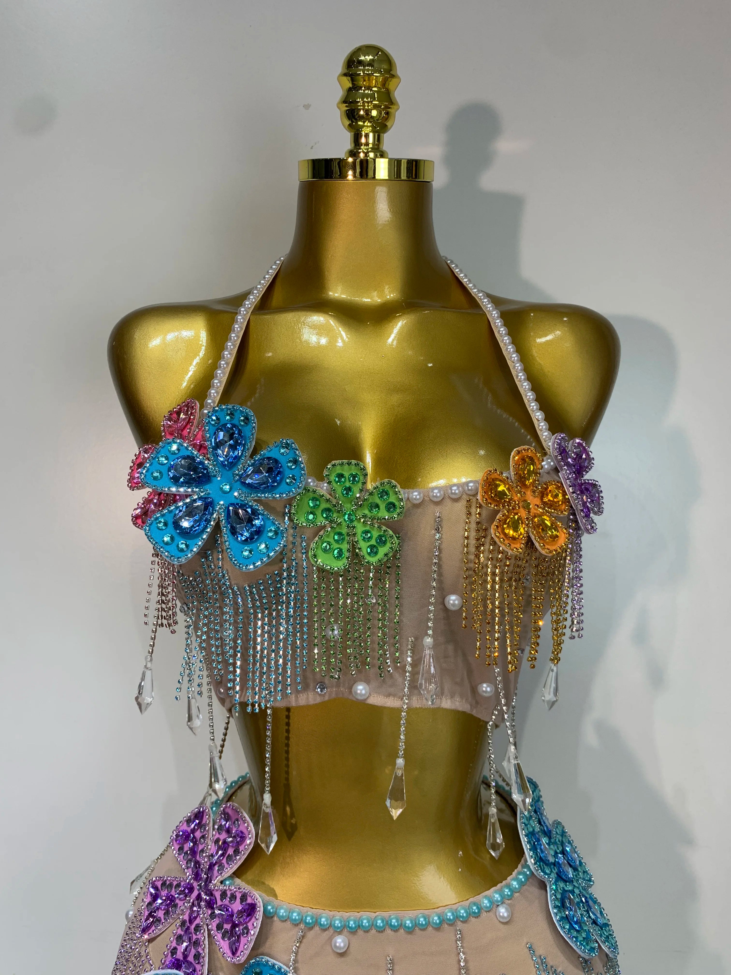 Flower Rhinestone Pearl Top & Mini Skirt Two Piece Set