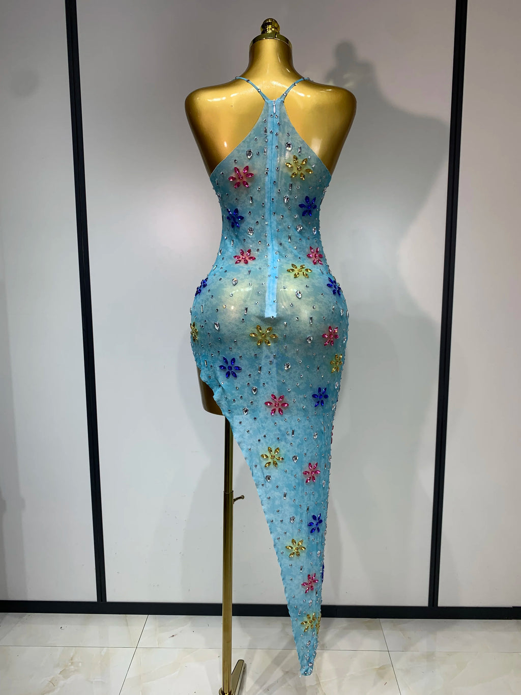Sparkly Diamonds High Split Mesh Dress
