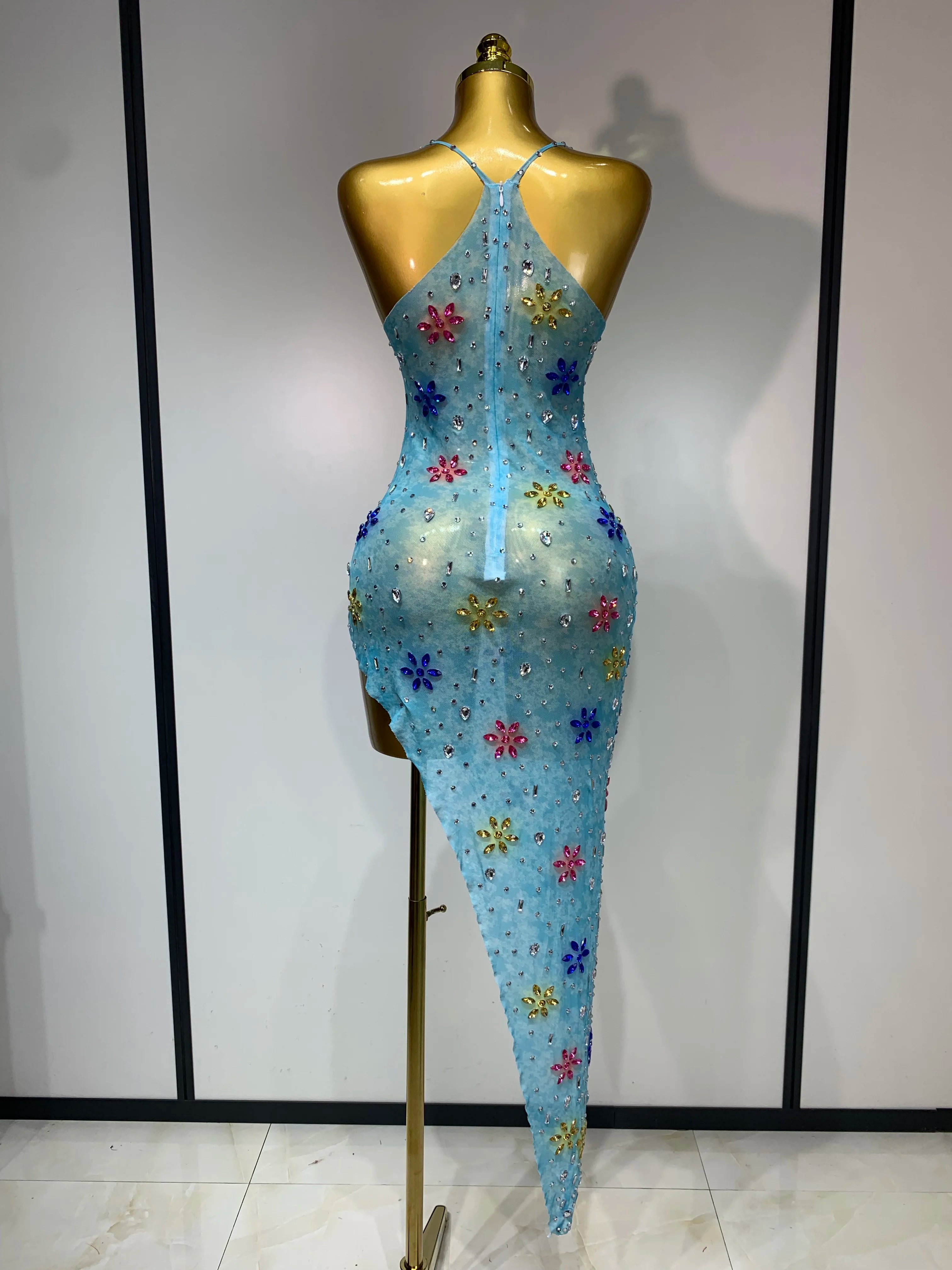 Sparkly Diamonds High Split Mesh Dress