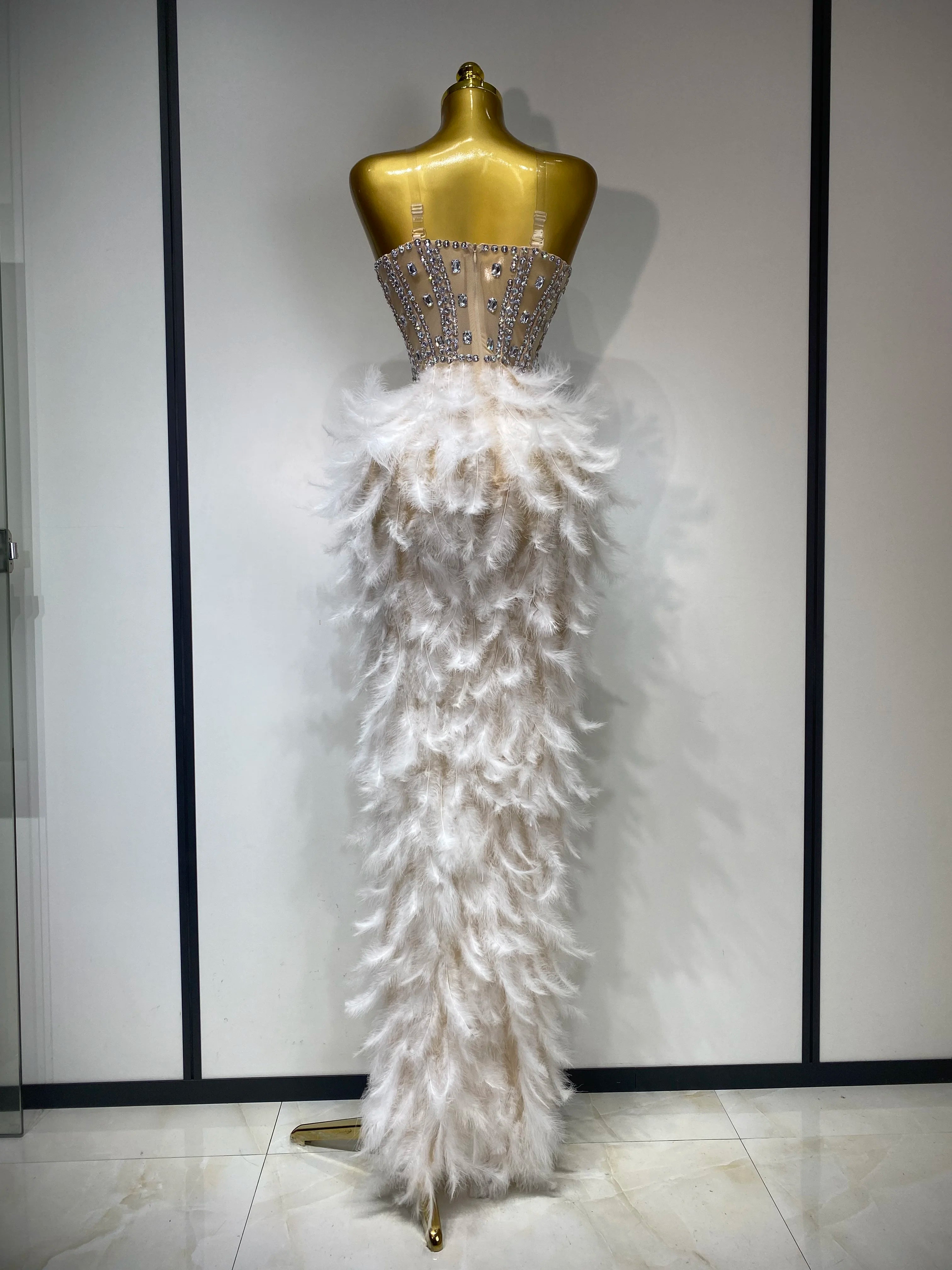 Sparkly Rhinestone Feather Mesh Dress