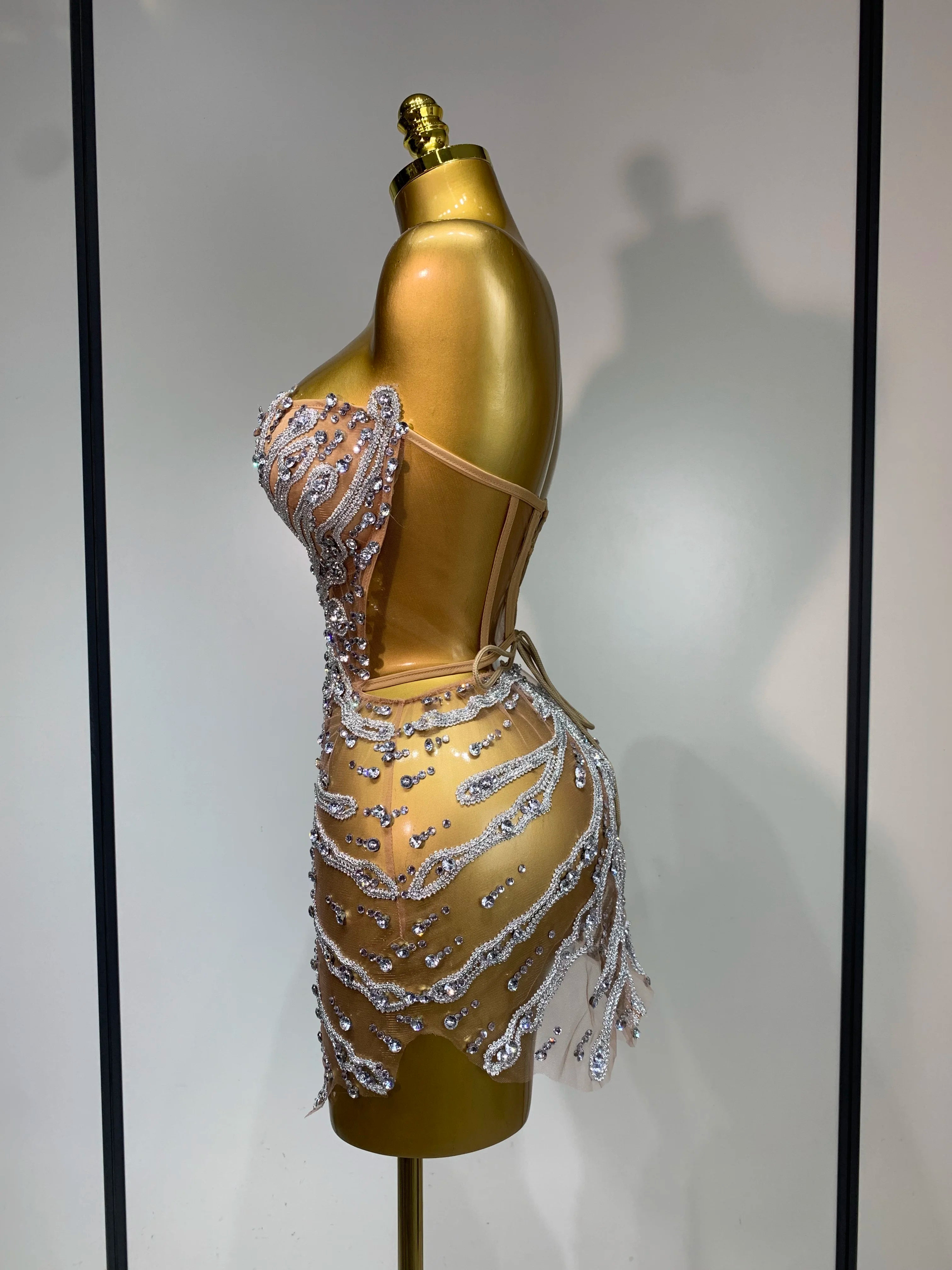 Mesh Rhinestones Mini Dress
