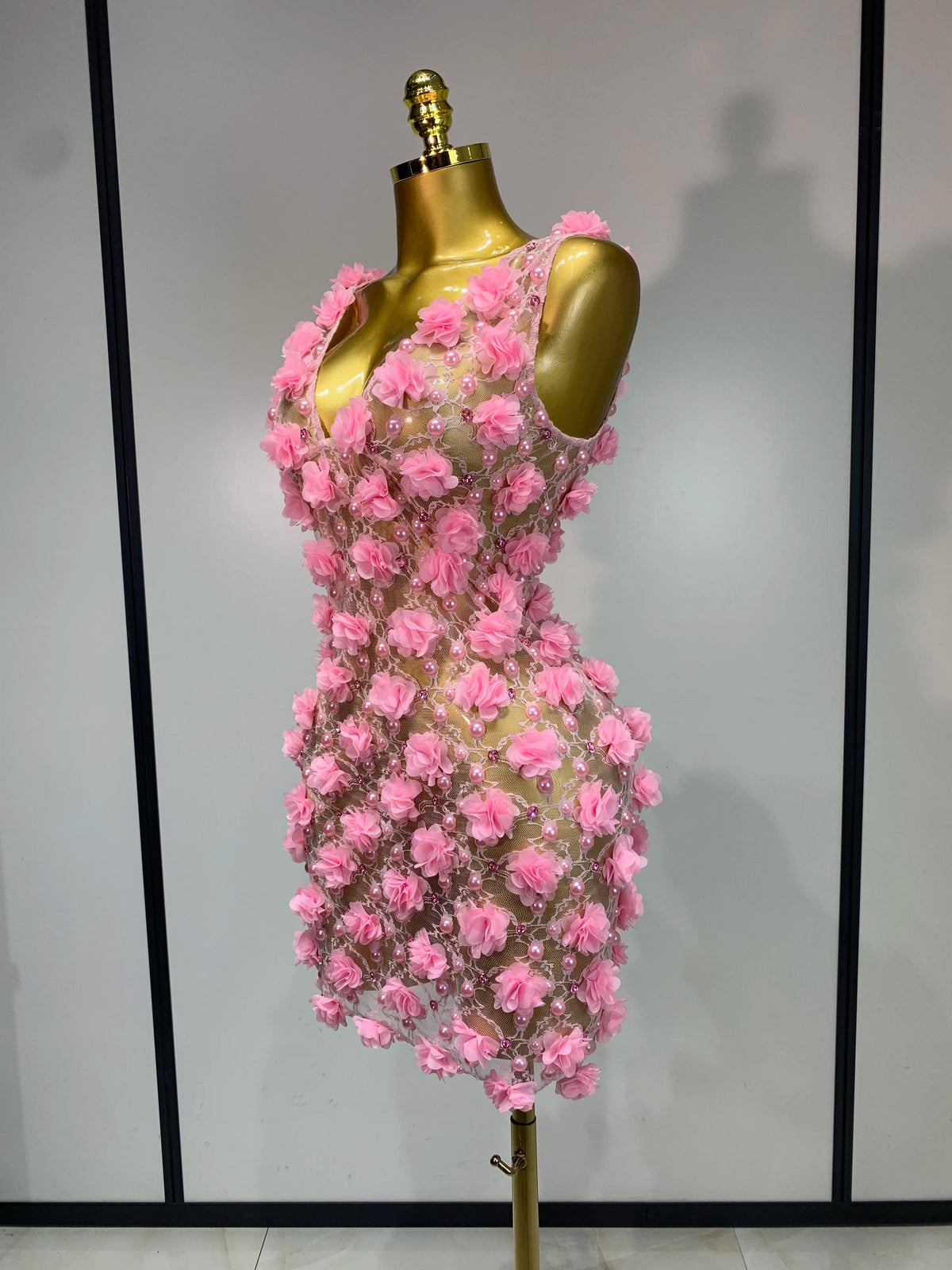 Flowers Pearls Lace Mini Dress