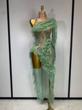 Sparkly Rhinestones Ruffle High Split Dress