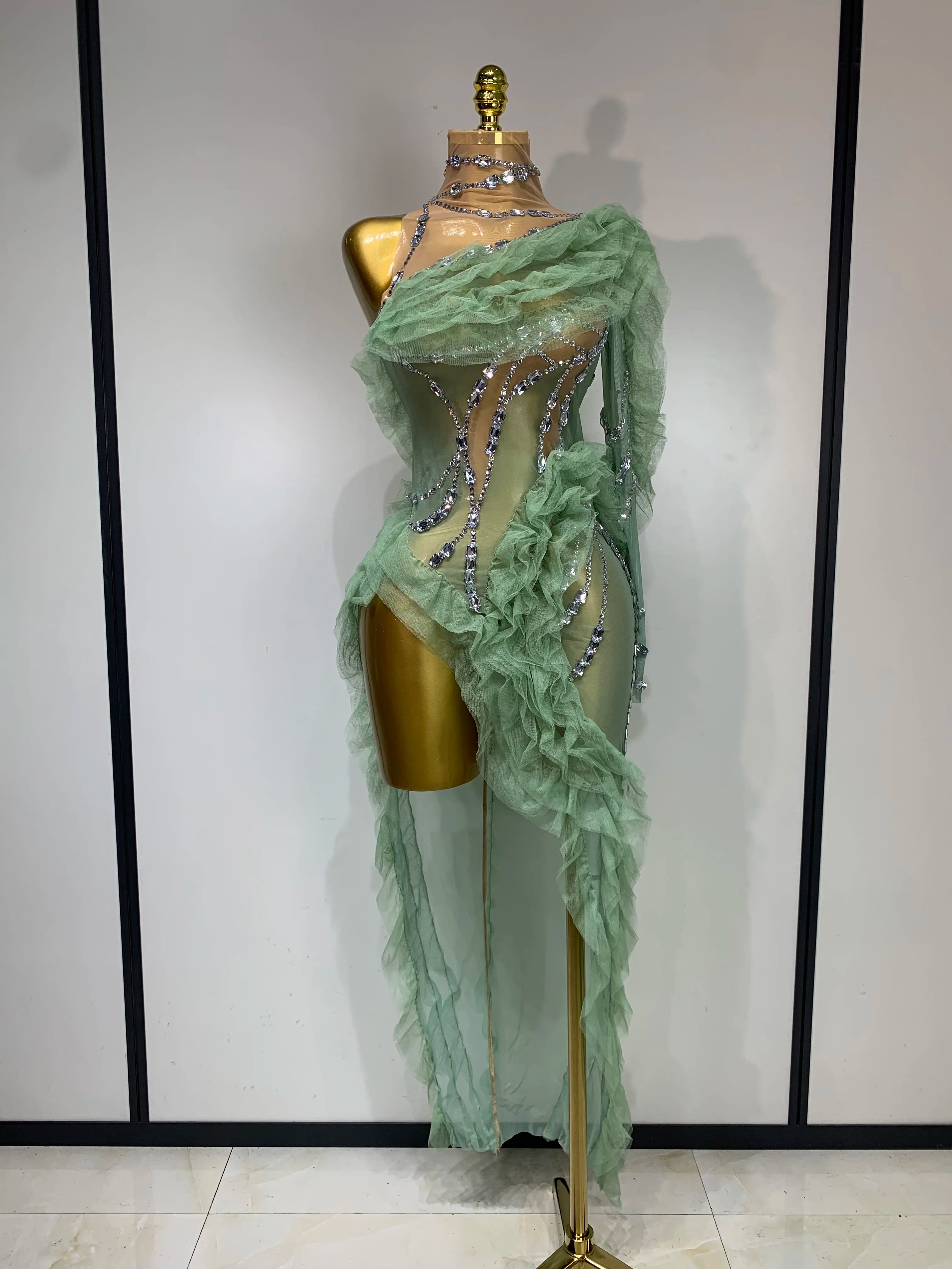 Sparkly Rhinestones Ruffle High Split Dress