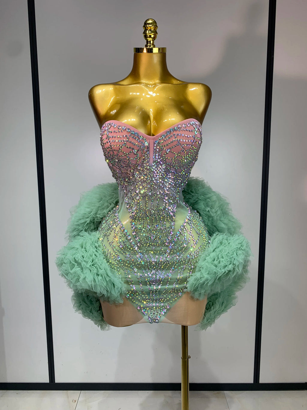 Green Pink Ombre Diamonds Mesh Dress