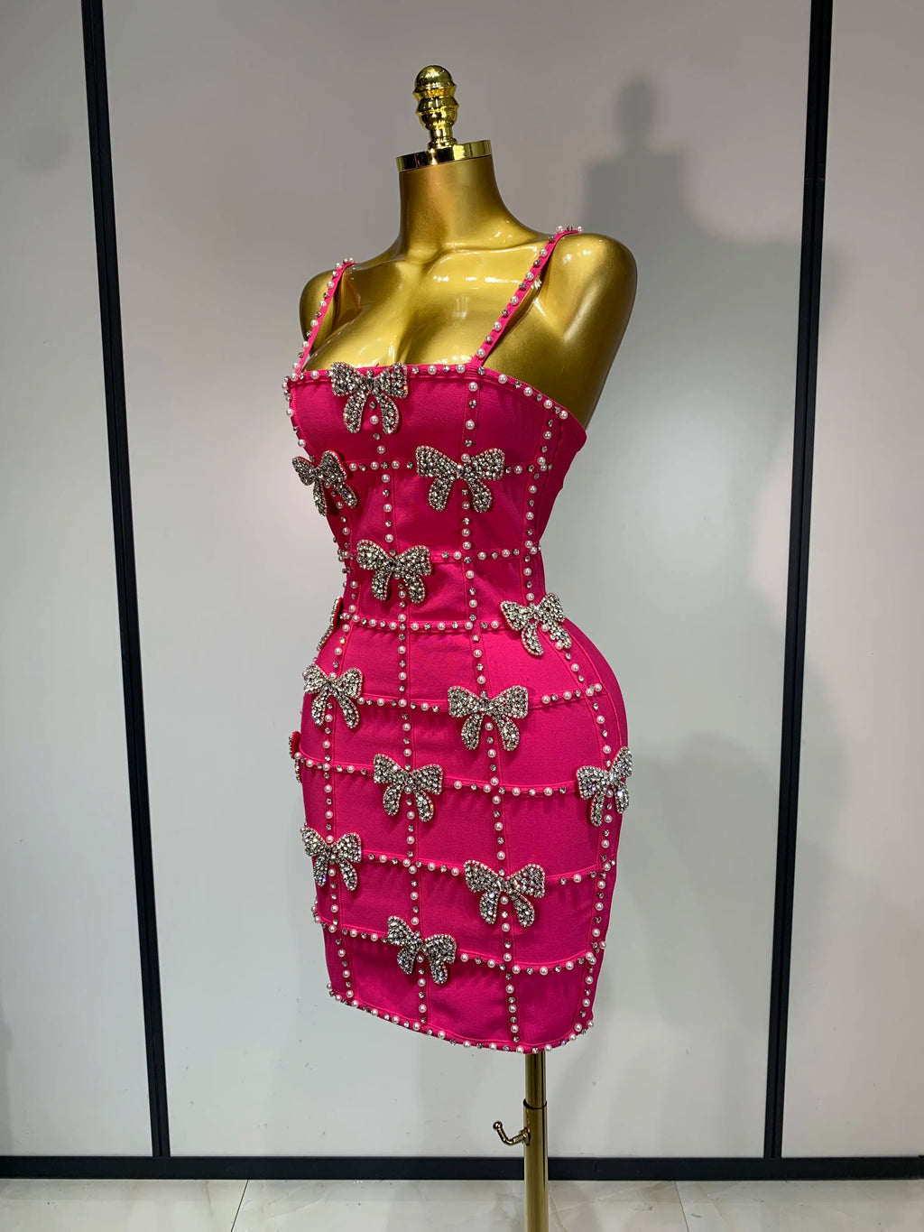 Pink Pearl Bow Rhinestone Dress