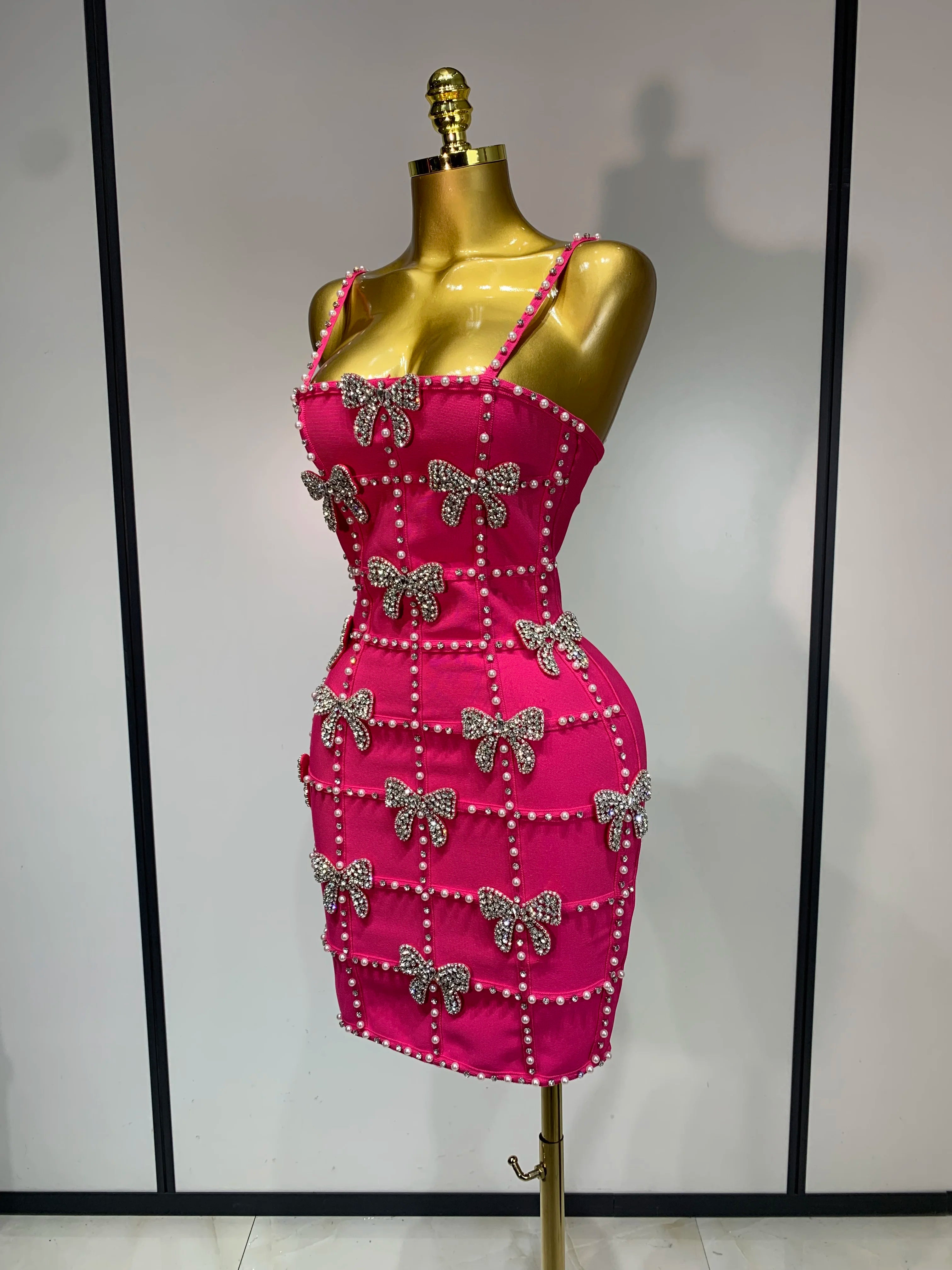 Pink Pearl Bow Rhinestone Dress