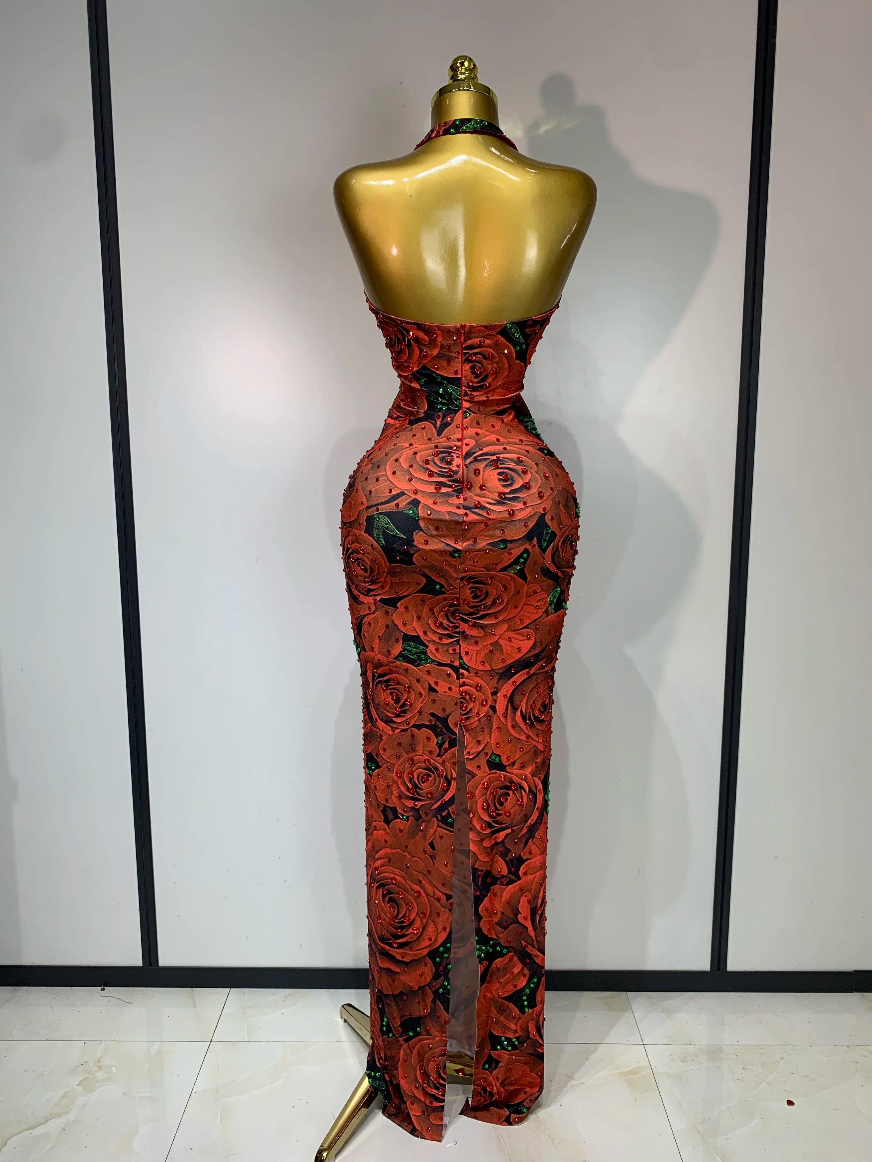 Rose Print Halter Bodycon Sparkly Rhinestone V Neck Dress