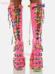 Long Rainbow Lace Up Platform Boots