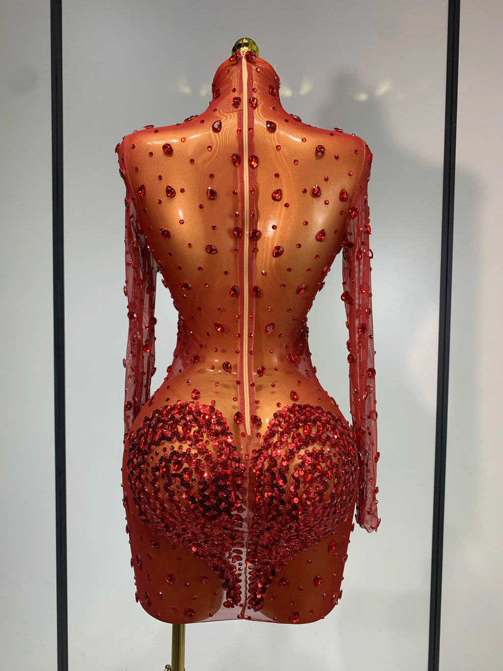 Red Rhinestone Sequin Mesh Mini Dress