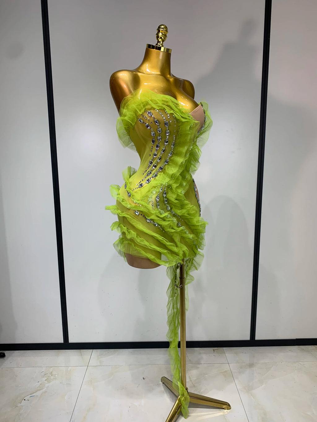 Luxury Sparkly Green Rhinestones Mesh Mini Dress