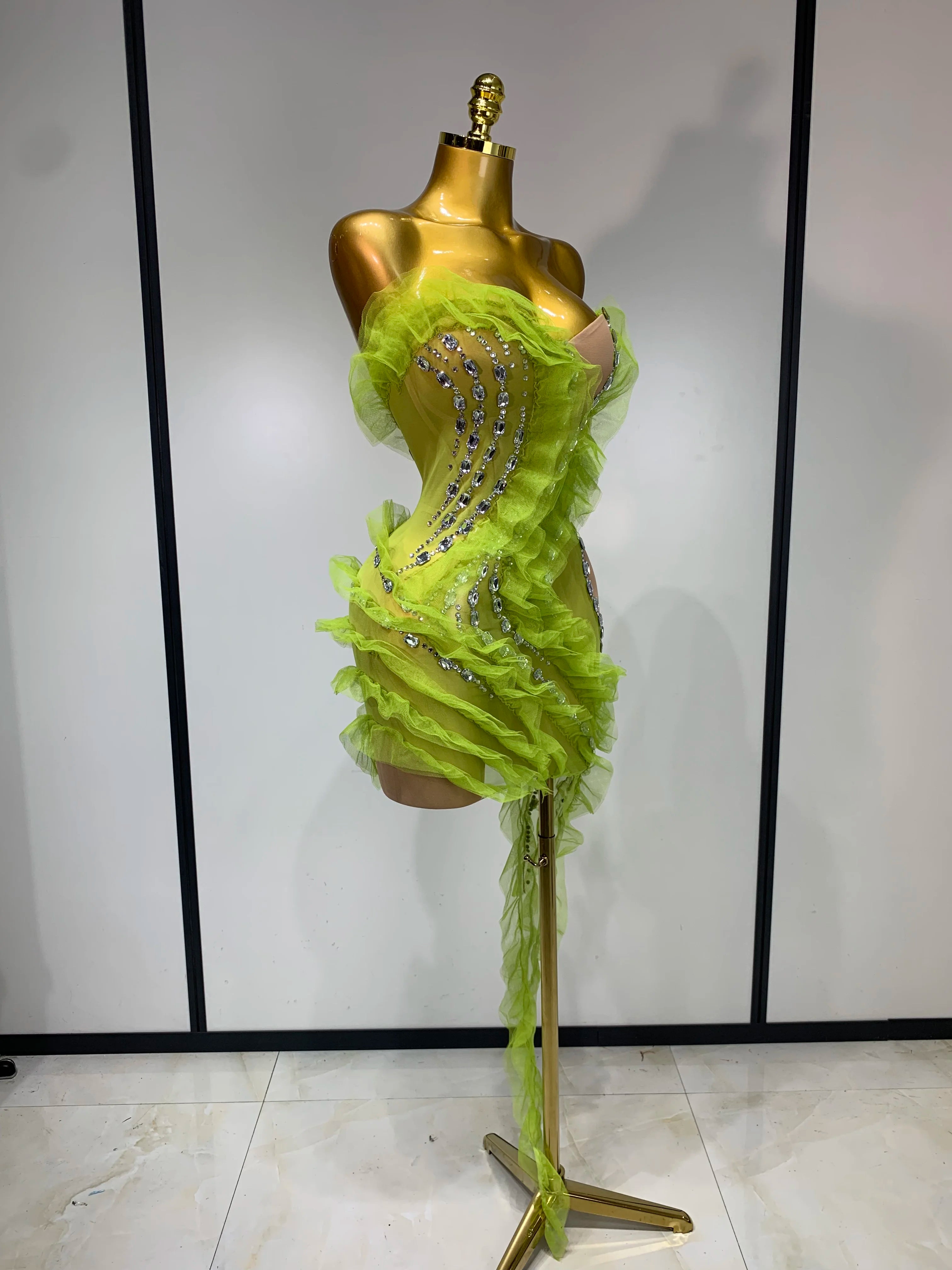 Luxury Sparkly Green Rhinestones Mesh Mini Dress