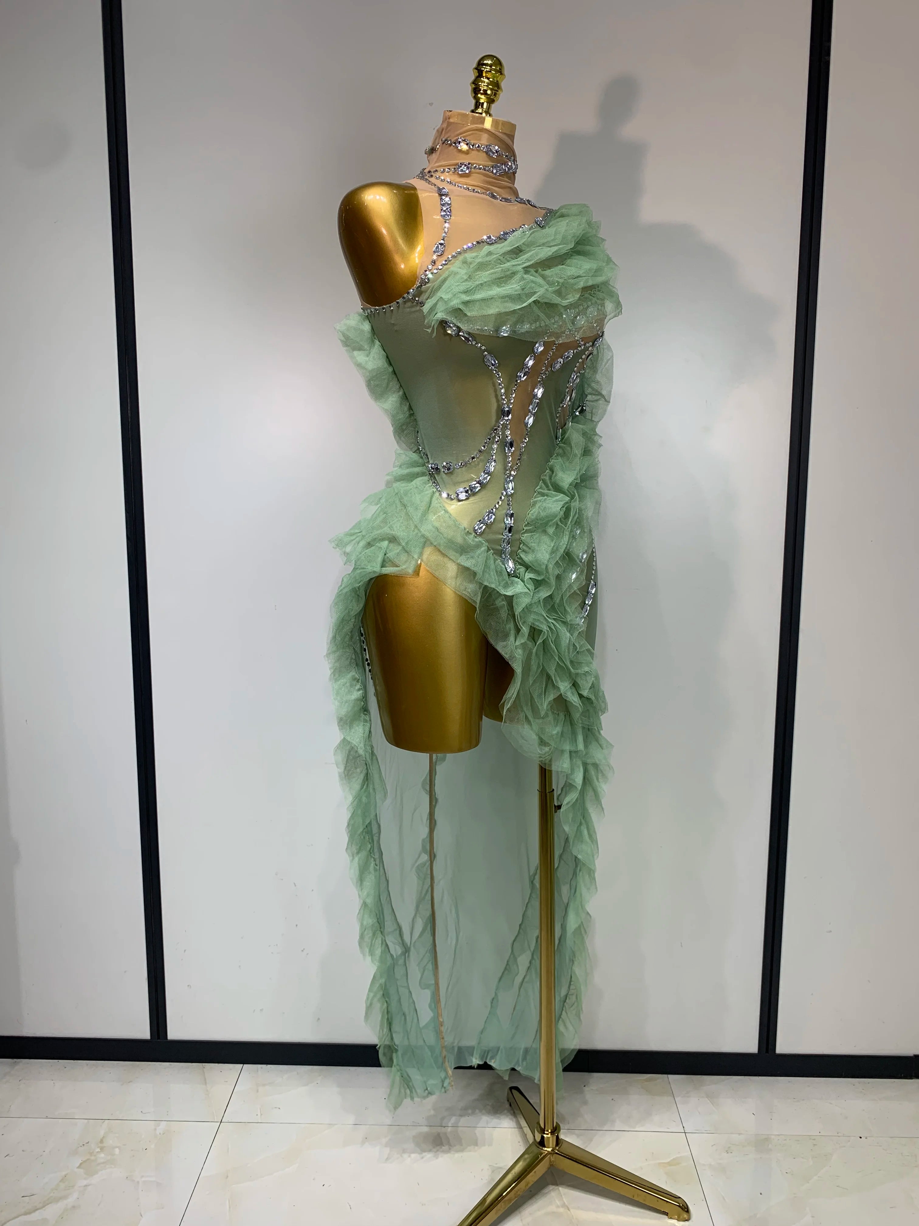 Sparkly Rhinestones Ruffle High Split Dress