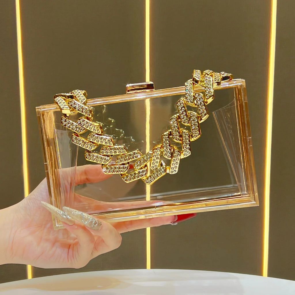 Luxury Diamond Chain Clear Box Clutch