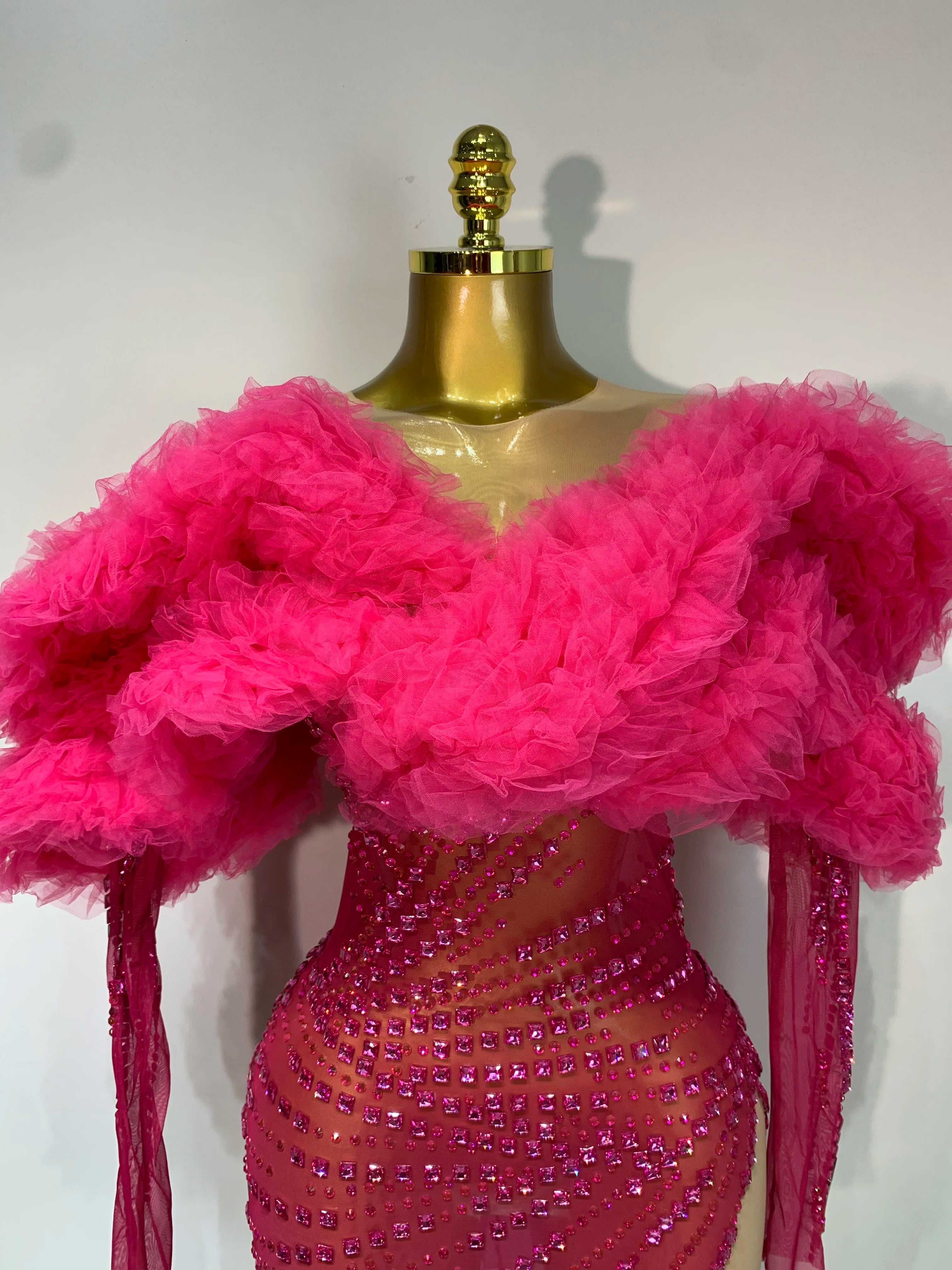 Pink Long Sleeve Rhinestone Mesh Mini Dress
