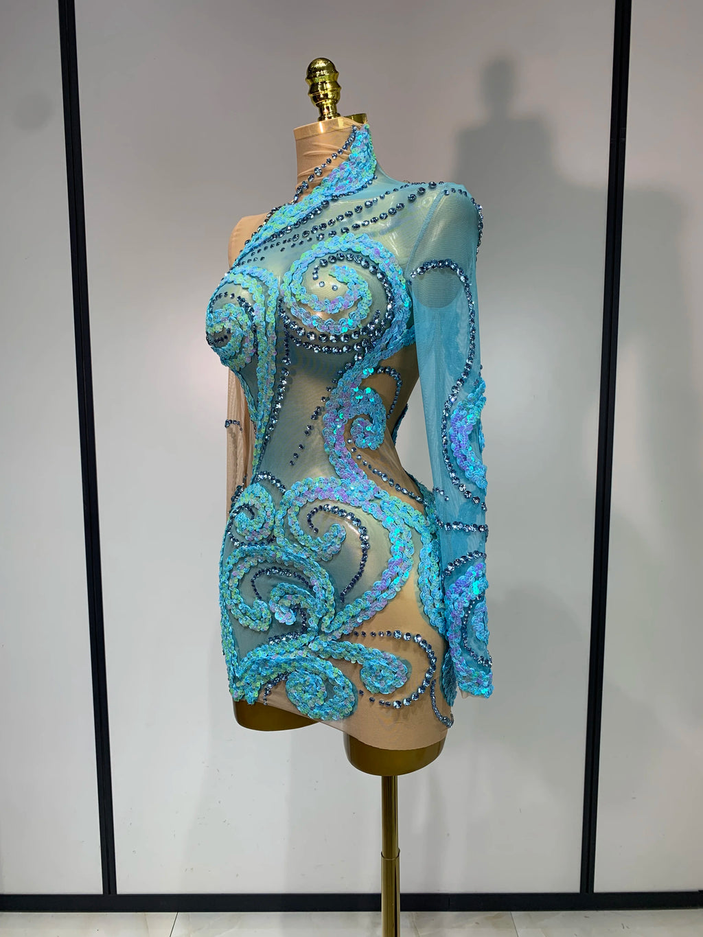 Ocean Swirl Sequin Mini Mesh Dress