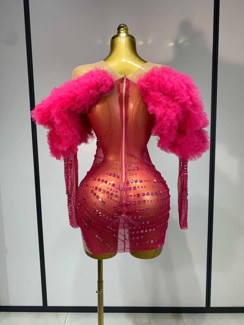 Pink Long Sleeve Rhinestone Mesh Mini Dress