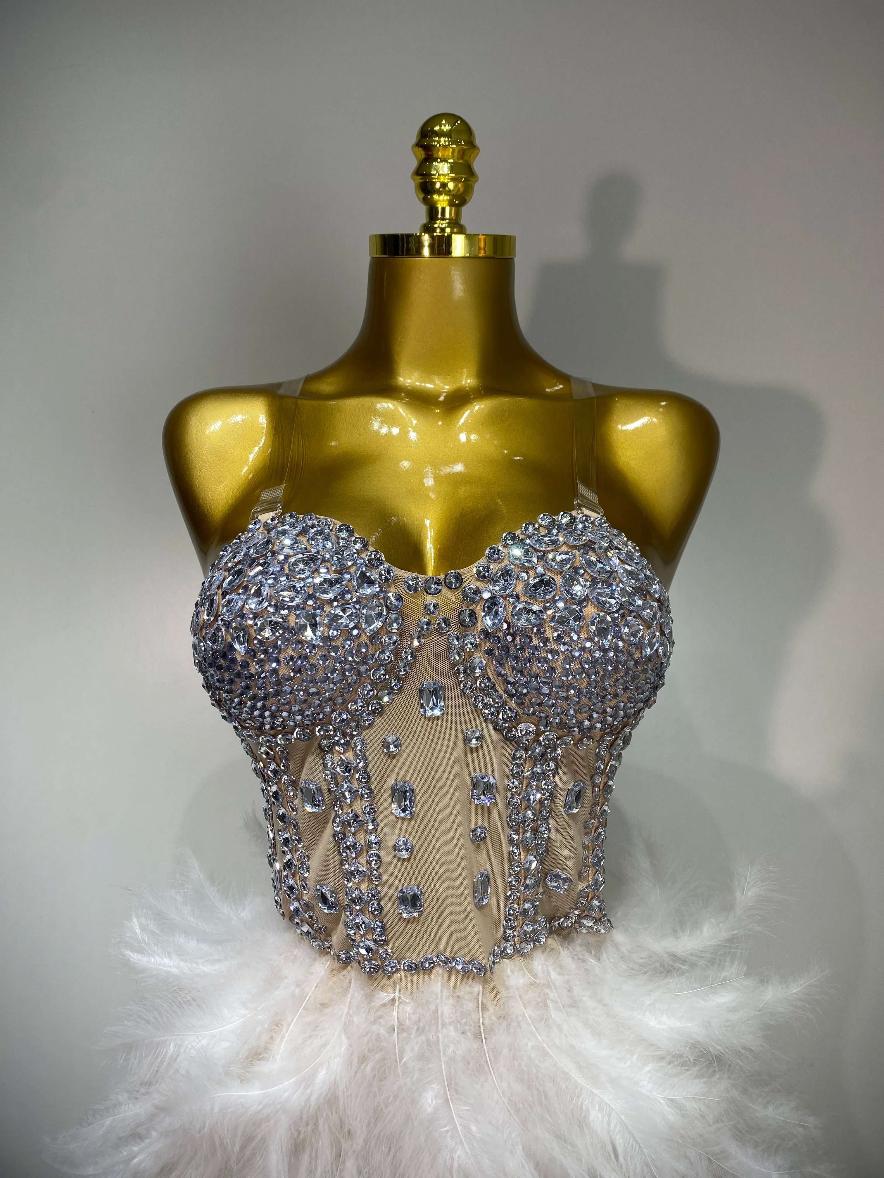 Sparkly Rhinestone Feather Mesh Dress