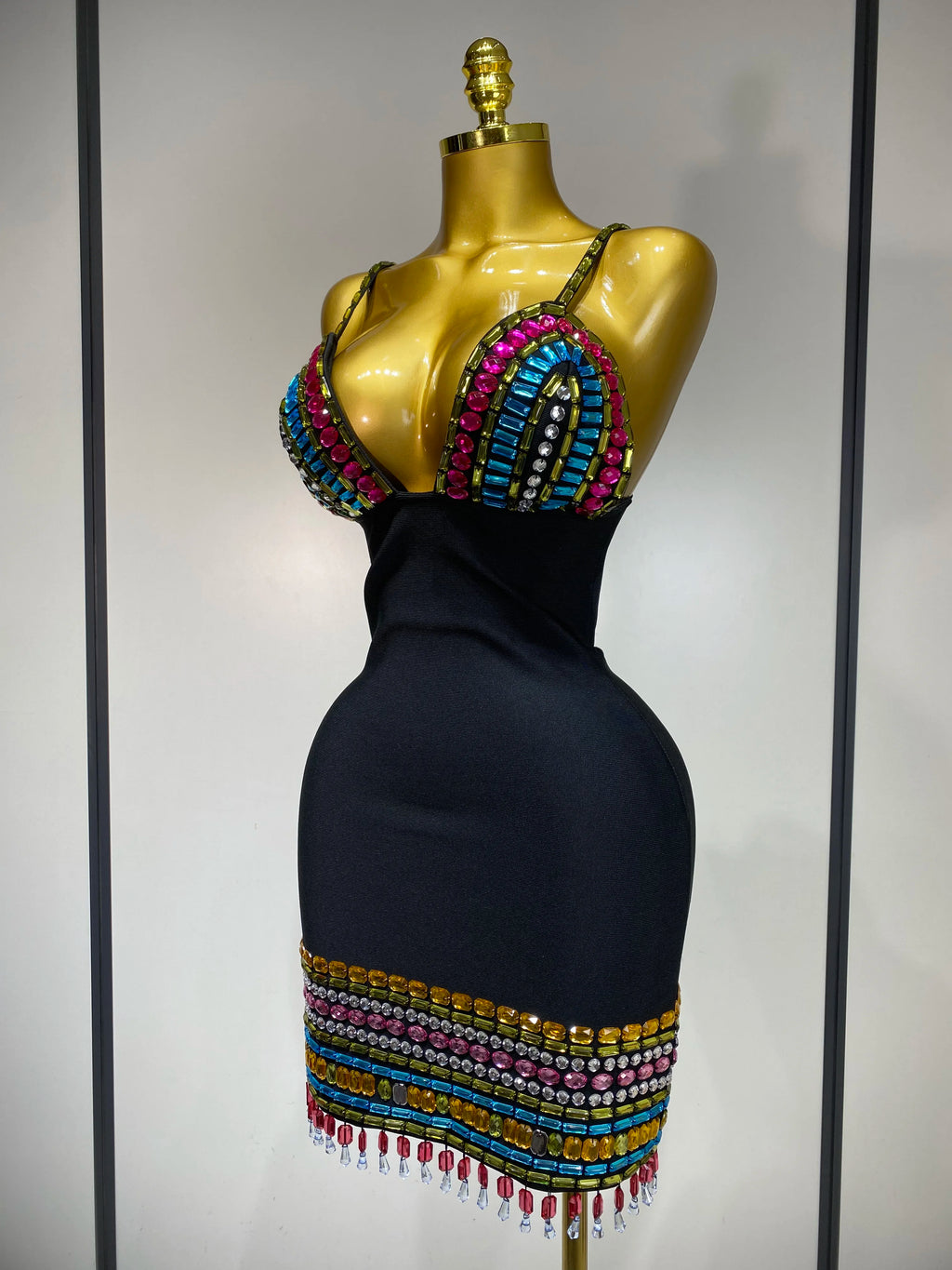 Colorful Diamonds V Neck Black Bodycon Dress
