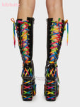 Long Rainbow Lace Up Platform Boots