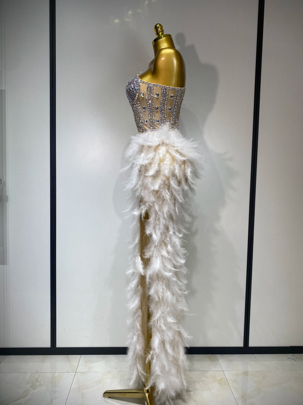 Sparkly Rhinestone Feather Mesh Dress