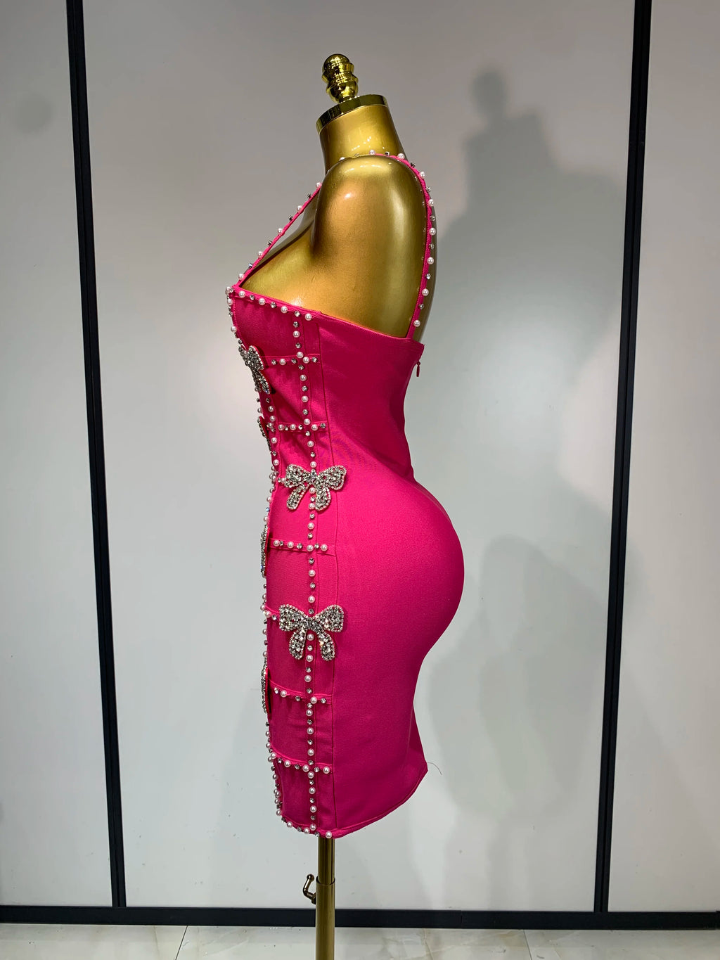 Pink Pearl Bow Rhinestone Dress