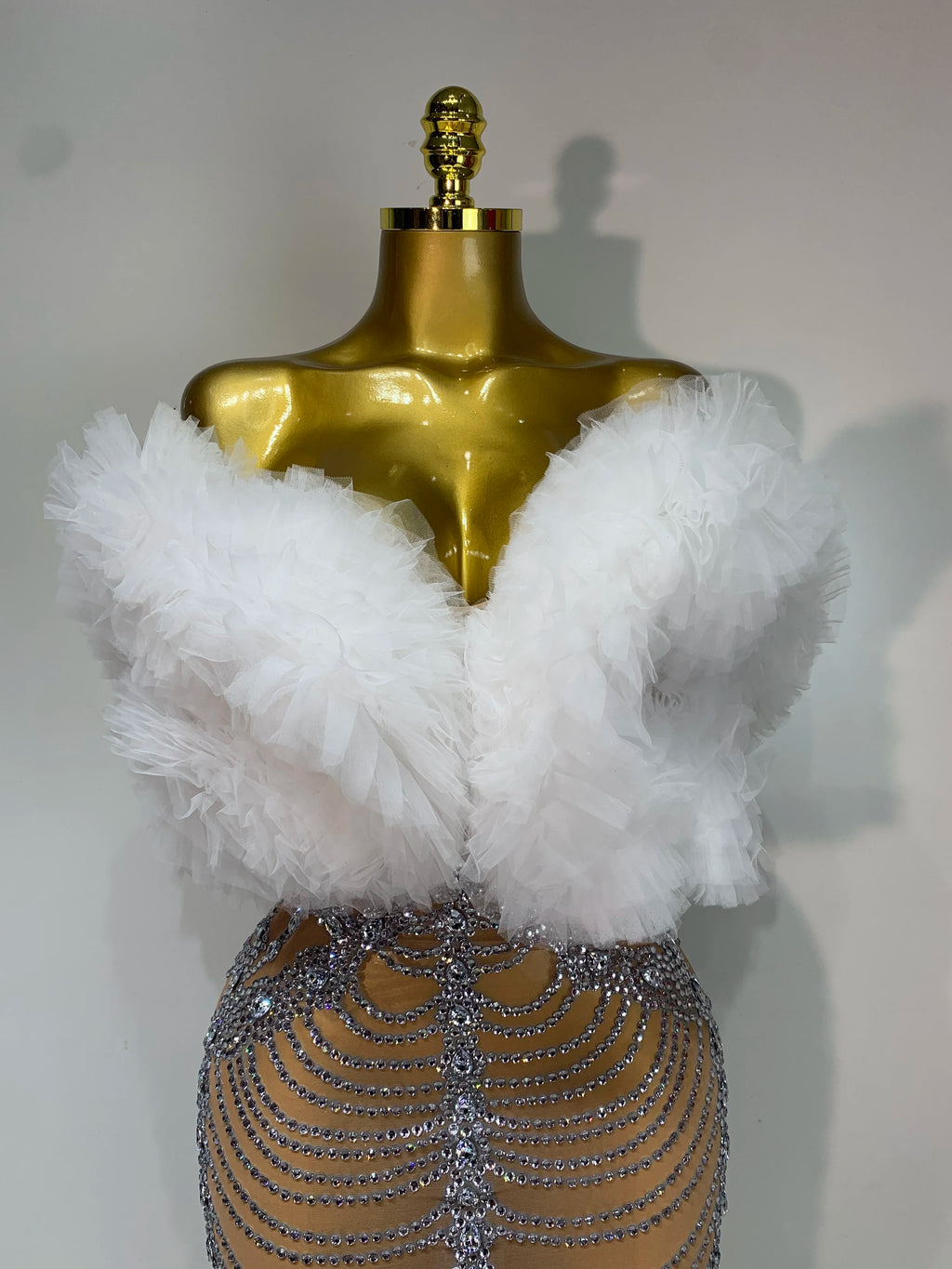 White Fluffy Luxurious Rhinestone Bodycon Dress